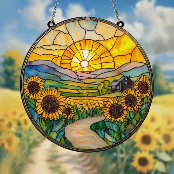 ひまわり畑の日の出ステンドグラスアクリルサンキャッチャー - 窓に