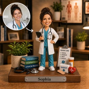 Könnte beinhalten: Eine personalisierte Wackelkopf-Figur einer medizinischen Fachkraft namens Sophia, die einen weißen Kittel über einem türkisfarbenen Kasack mit Stethoskop trägt. Der Sockel enthält Bücher, medizinisches Zubehör und ein Namensschild mit Sophia.