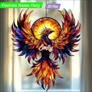 フェニックスの炎のフェイクステンドグラスアクリルサンキャッチャー - 燃えるような丸い窓吊り下げ - スピリチュアルな魂への再生のシンボルギフト