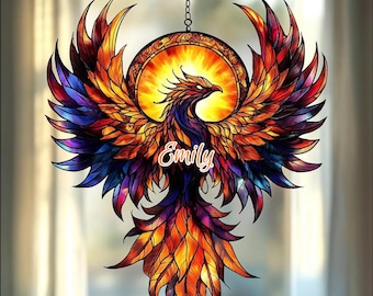 Apanhador de Sol em Acrílico com Efeito de Vitral e Chama de Fênix - Enfeite Redondo e Flamejante para Janela - Símbolo de Renascimento e Presente para Almas Espirituais