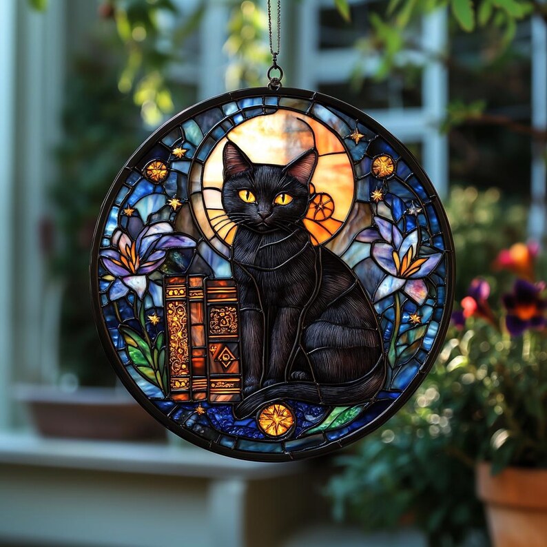 Pode incluir: Uma janela redonda de vitral com um gato preto de olhos amarelos, sentado em frente a uma pilha de livros. O fundo inclui uma lua, estrelas e elementos florais azuis e roxos. A janela &eacute; emoldurada em preto.