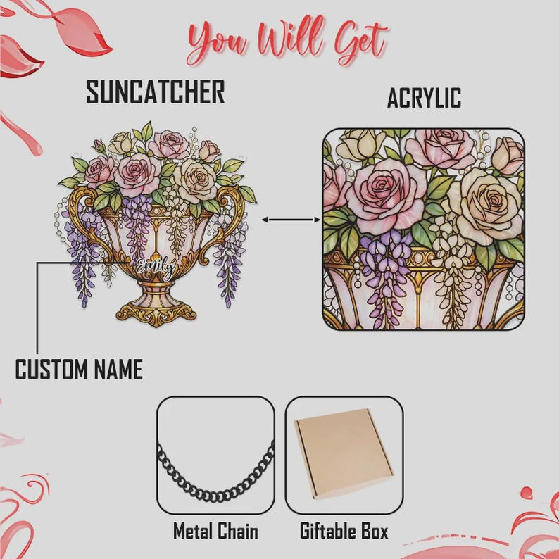 Pode incluir: Um apanhador de sol e um design acr&iacute;lico com um arranjo floral num vaso decorativo. O design inclui rosas e glic&iacute;nias em tons de rosa, creme e roxo. A imagem tamb&eacute;m mostra uma corrente de metal e uma caixa de presente. O texto inclui "You Will Get", "Suncatcher", "Acrylic", "Custom Name", "Metal Chain" e "Giftable Box".