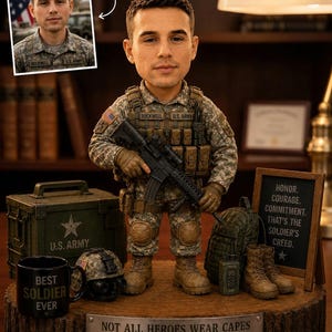 May include: A custom bobblehead figurine of a soldier in digital camouflage uniform holding a rifle. Accessories include a black mug with 'BEST SOLDIER EVER', a helmet, a backpack, boots, a radio, and a sign reading 'HONOR. COURAGE. COMMITMENT.'