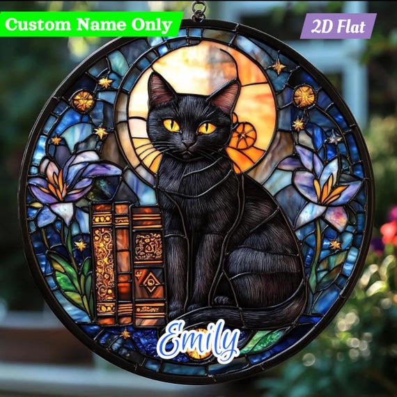 Mystical Black Cat Acrylic Suncatcher - Faux Stained Glass Window Hanging With Books And Moon