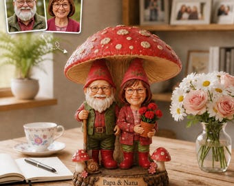 Bloco de madeira personalizado com foto impressa em 2D de gnomo para os avós, decoração de cogumelo para vovô e vovó, presente de aniversário personalizado para avós.
