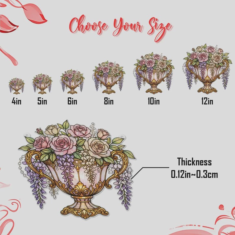 Pode incluir: Arranjo floral decorativo em uma urna dourada, com rosas rosa e creme, glic&iacute;nias roxas, e o texto "Choose Your Size". Tamanhos de 10 cm a 30 cm. Espessura de 0,3 cm a 0,8 cm.