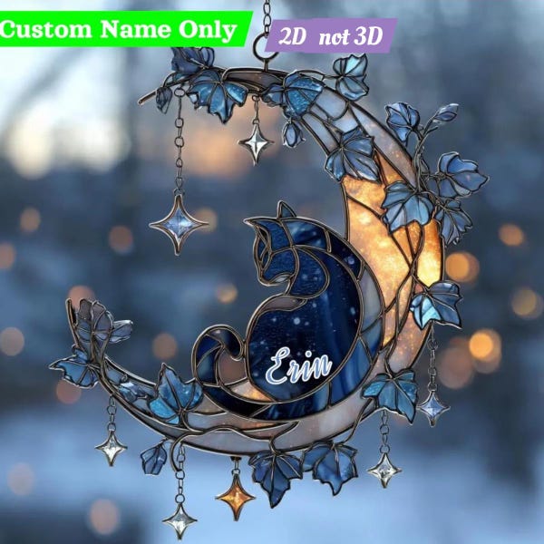 Adorno de vitral de imitación de gato de luna azul: atrapasol acrílico de invierno, regalo para decorar el hogar en vacaciones.