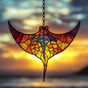 Manta Ray Faux Stained Glass Acrylic Suncatcher - Ocean Spirit Window Hanging Decor - Sunset Beach Gift for Sea Lovers