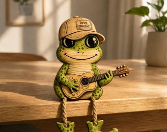 Playful Frog With Guitar Wooden Sign, Hand-Painted Animal Figurine For Desk Or Shelf, Unique Gift For Music Lovers And Frog Enthusiasts