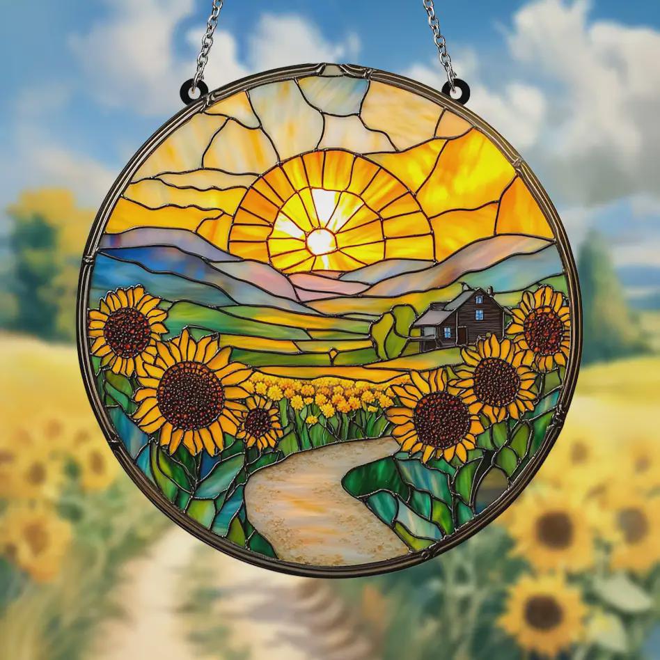 ひまわり畑の日の出ステンドグラスアクリルサンキャッチャー - 窓に
