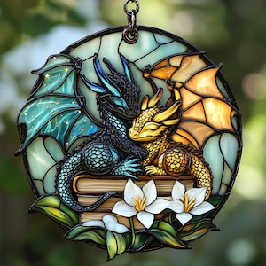 Para Akrylowych Łapaczy Słońca Celestial Dragon – Sztuczne Witraże Wiszące – Fantastyczna Dekoracja Książki i Prezent dla Miłośników Smoków