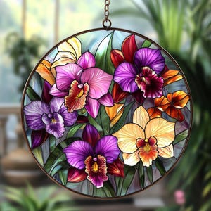 Orchid Bloom Round Glass Suncatcher - Floral Window Hanging - Colorful Spring Decor - Nature Art Gift for Her or Mom