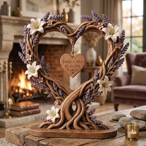 May include: A heart-shaped wooden sculpture featuring intertwined branches adorned with white lilies and purple lavender sprigs. A small wooden heart hangs in the centre, engraved with the text Emliy + Alex and the date 05.12.2026.