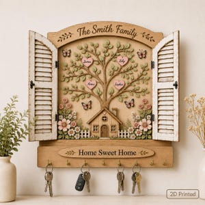 Può includere: Un portachiavi da parete in legno con design a finestra e persiane aperte. Il centro mostra un albero con targhette a forma di cuore, una piccola casa e fiori. Il testo riporta The Smith Family e Home Sweet Home.