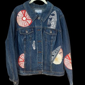 Upcycled, Unique, Women’s, Denim Jacket with Large Dragonfly Appliqué Embellishment.