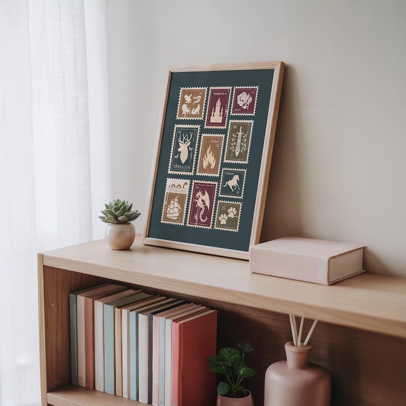 May include: Framed art print featuring a collection of postage stamp designs with fantasy-themed illustrations. The stamps are in shades of beige, burgundy, and brown, set against a dark teal background. The wooden frame adds a natural touch to the artwork.
