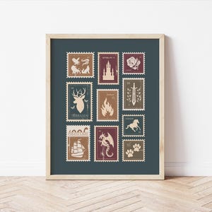 May include: Framed print featuring a collection of postage stamp designs in shades of brown, burgundy, and cream on a dark teal background. The stamps depict various images, including a stag, castle, ship, dragon, and paw prints. The print is in a wooden frame.