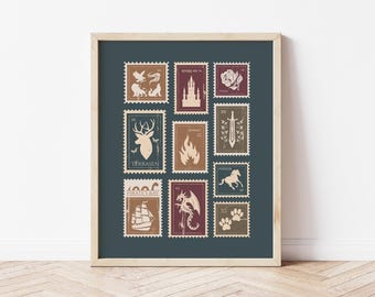 Printed Bookish Art Print - Fantasy Stamp Collection Poster - Home Decor Dark Academia