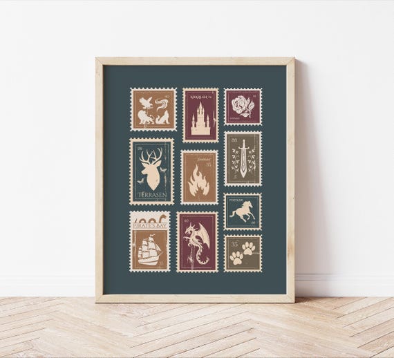 Printed Bookish Art Print - Fantasy Stamp Collection Poster - Home Decor Dark Academia