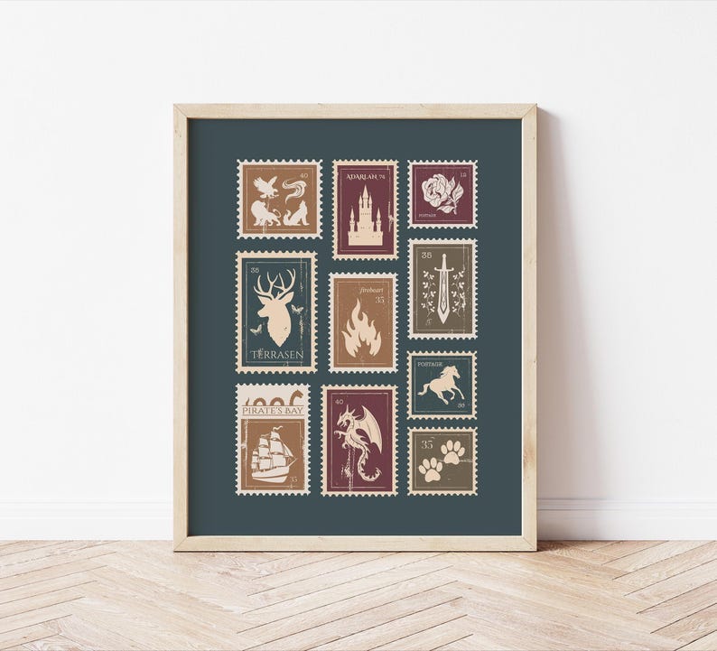 May include: Framed print featuring a collection of postage stamp designs in shades of brown, burgundy, and cream on a dark teal background. The stamps depict various images, including a stag, castle, ship, dragon, and paw prints. The print is in a wooden frame.
