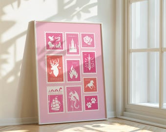 Bookish Art Print - Fantasy Stamp Collection Poster - Home Decor Pink Girly Bedroom