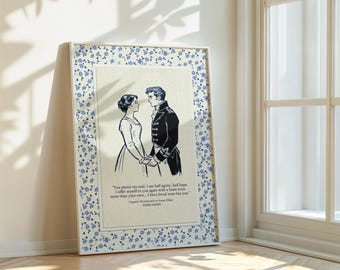 Impressão artística vintage - Pôster de Persuasão - Decoração para casa com temática literária - Estampa floral azul em estilo toile