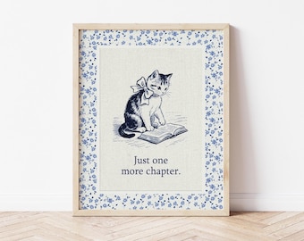 Vintage Kitten Art Print – Bookish Decor, Blue Toile Flower