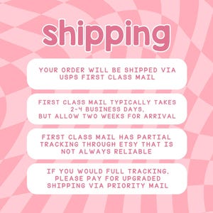 May include: Pink and white checkered background with the word "shipping" in bold pink letters.  The text below explains that orders will be shipped via USPS First Class Mail, which typically takes 2-4 business days, but may take up to two weeks.  It also explains that First Class Mail has partial tracking through Etsy, which is not always reliable.  The text also states that if you would like full tracking, you can pay for upgraded shipping via Priority Mail.