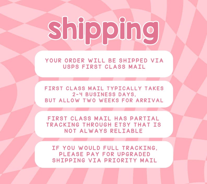 May include: Pink and white checkered background with the word "shipping" in bold pink letters.  The text below explains that orders will be shipped via USPS First Class Mail, which typically takes 2-4 business days, but may take up to two weeks.  It also explains that First Class Mail has partial tracking through Etsy, which is not always reliable.  The text also states that if you would like full tracking, you can pay for upgraded shipping via Priority Mail.