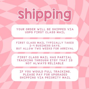 May include: Pink and white checkered background with the word "shipping" in a bubblegum pink font. Text below details shipping via USPS First Class Mail, estimated delivery times, and tracking information.