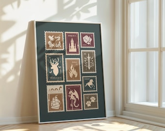 Bookish Art Print - Fantasy Stamp Collection Poster - Home Decor Dark Academia