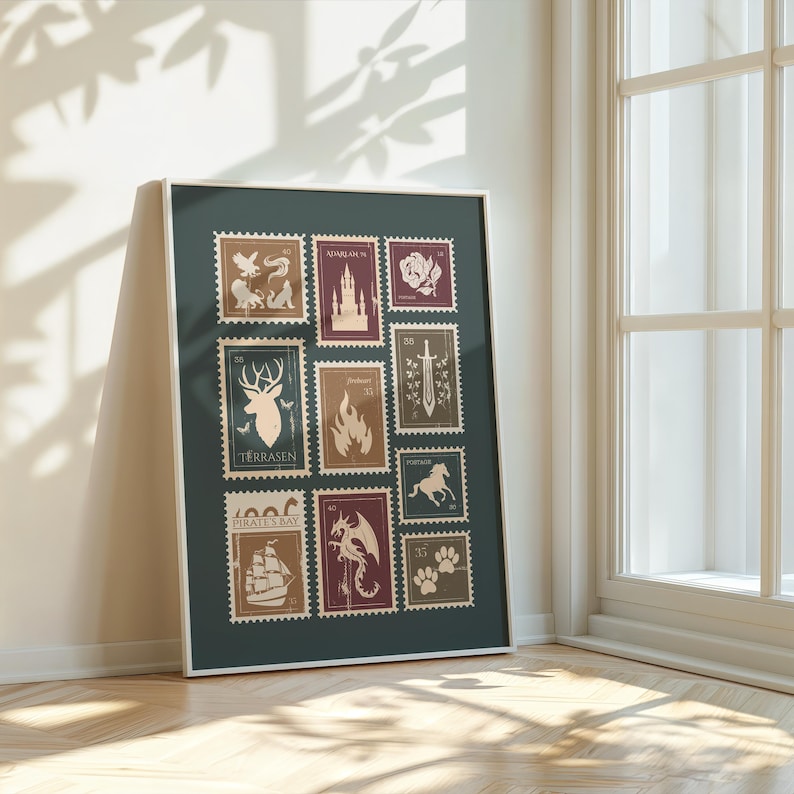 May include: Framed print featuring a collection of postage stamp designs. The stamps, in shades of brown, burgundy, and teal, depict various illustrations including a deer, dragon, castle, and ship. The frame is white, and the background is a dark teal.