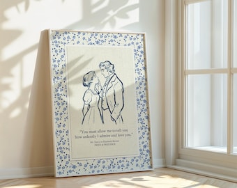 Vintage Art Print -  Pride & Prejudice Poster - Bookish Home Decor Blue Toile Flower