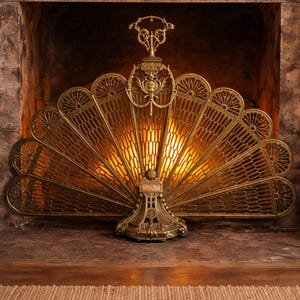 Vintage 1950s Brass Peacock Fireplace Fan | Victorian Hollywood Regency Folding Screen | MCM Cameo Face Decor