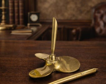 Vintage Brass Propeller Pen Holder / Retro Desk Accessory