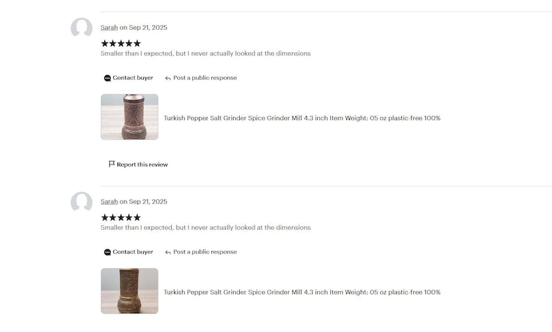 May include: A cylindrical metal spice grinder with a textured, dark copper-toned finish. The mill features a flared base and a smooth top section, with the text Turkish Pepper Salt Grinder Spice Grinder Mill 4.3 inch Item Weight: 05 oz plastic-free 100%.