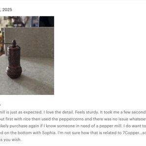 May include: A cylindrical copper pepper mill featuring an intricate embossed pattern across its body, a rounded base, and a small manual crank handle at the top for grinding. The metal surface displays a dark, weathered finish with visible texture.