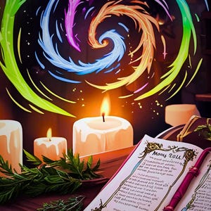 Può includere: Un libro con il titolo "Money Roll!" e "Spellbook" aperto su un tavolo di legno con tre candele accese e un rametto di verde. Un effetto luminoso vorticoso e colorato si trova sopra le candele.