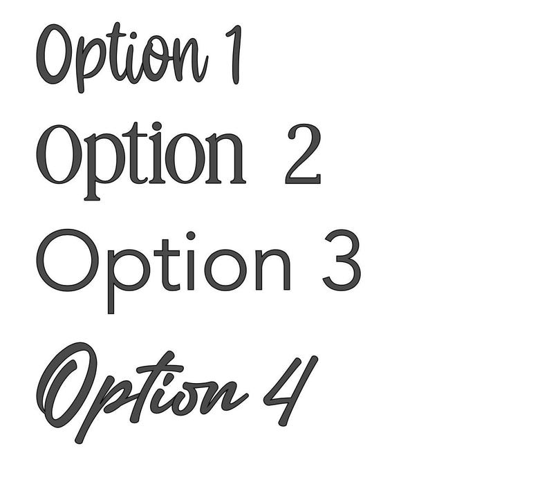 May include: A graphic display of four text lines in dark gray against a white background. The text reads Option 1 in a cursive script, Option 2 in a serif font, Option 3 in a sans-serif font, and Option 4 in a bold, slanted cursive script style.