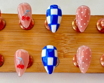 Custom Hand Painted | Reusable | Summer 4th of July Checkers & Cherries Gel Press On Nails | Faux Acrylic Nails | Gel Nails | Press On Nails