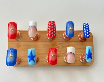 Custom Hand Painted | Reusable | Fourth of July Polka Dot Medium Square Gel Press On Nails | Faux Acrylic Nails | Gel Nails | Press On Nails