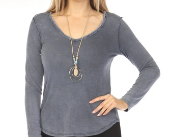 Jeans color Fringe v neck Top CT2258
