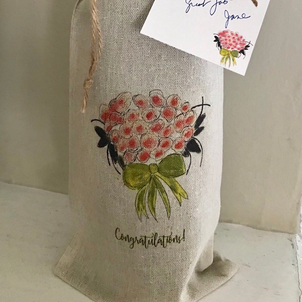 Wine Bag, Congratulations, Floral Bouquet, Gift Card, Event Gift, Wedding Favor, Wine Gift, Reusable Bag, Engagement, Special Day