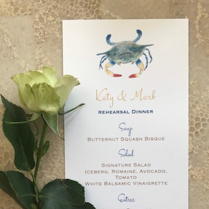 Menù per eventi con stampa di granchio blu, menù personalizzato elegante, menù di compleanno, granchio del Maryland, cena di prova per pensionati, vita marittima, oceano