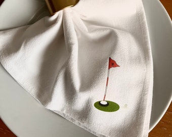 Golf 18th Hole Napkins, Flour Sack Cotton, Golf Pro Shop, Golfers gift, Tee Off time, Golf Club Gift Shop, Brunch Napkins, Golf Napkins