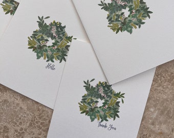 Greenery Wreath Illustrated Card Set, Assortment Note Cards, Hello Notes, Blank Inside, Thank You Notes, Note Writer Gift, Postal Notes