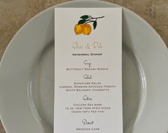 Lemony Menu, Elegant Rehearsal Dinner Menu, Personalized Menu, Event Menu, Printed Menu, Luncheon, Retirement Menu