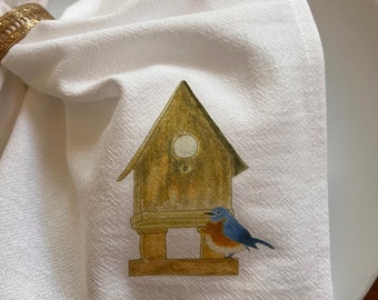 Birdhouse Napkins, Blue Bird of Happiness, Wooden Bird House, Flour Sack, Garden theme, Birding pleasure, Nesting Birds, Home, Artistic Home