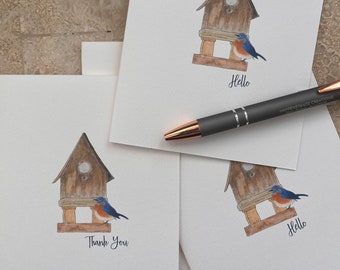 Bird House  Illustrated Card Set, Assorted Greeting Note Cards, Hello Notes, Thank You and No Greeting Notes, Note Writer Gift, Garden Theme