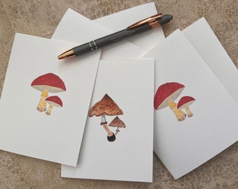 Red Cap and Pointy Cap Mushroom Illustrated Card Set, Assortment Note Cards, Hello Notes, Blank Inside, Thank You Notes, Note Writer Gift